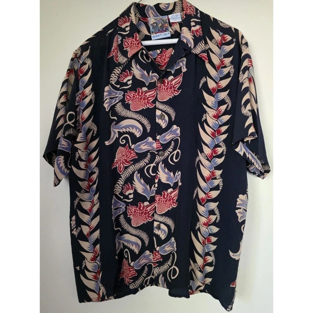 AVANTI SILK HAWAIIAN SHIRT MEDIUM BLUE vtg Floral aloha 50s